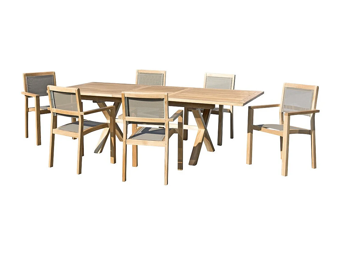 FUN - Ensemble de jardin table ext. bois teck / 6 fauteuils gris