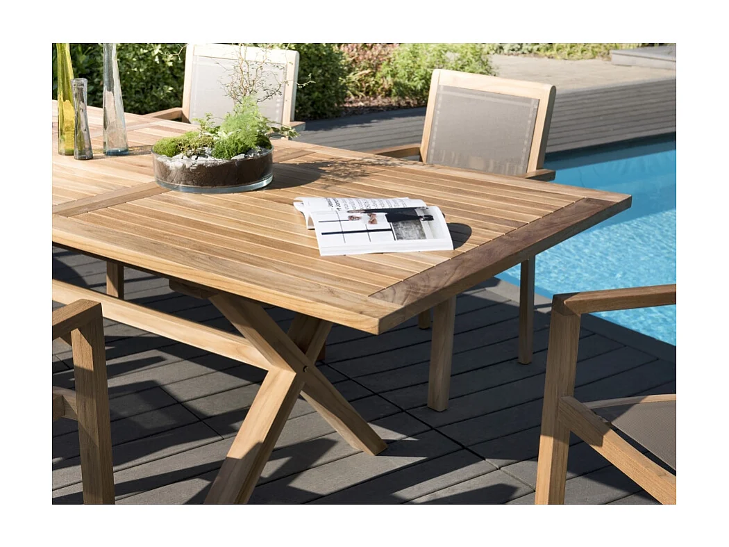 FUN - Ensemble de jardin table ext. bois teck / 6 fauteuils gris