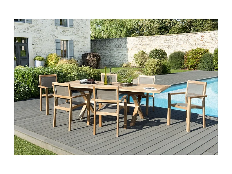 FUN - Ensemble de jardin table ext. bois teck / 6 fauteuils gris
