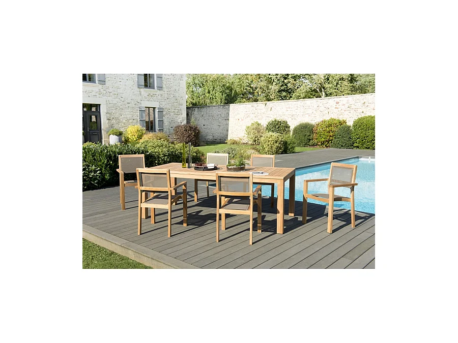 HALICE - SALON DE JARDIN EN BOIS TECK 6/8 pers. - 1 Table rectangulaire 220*100 cm et 6 fauteuils empilables