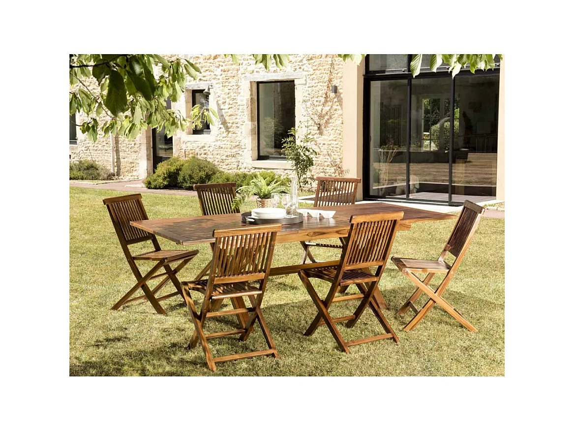 MAEVA - SALON DE JARDIN BOIS TECK HUILÉ 8/10 personnes - 1 table rect. pieds croisés extensible 180*240/100 cm et 6 chaises