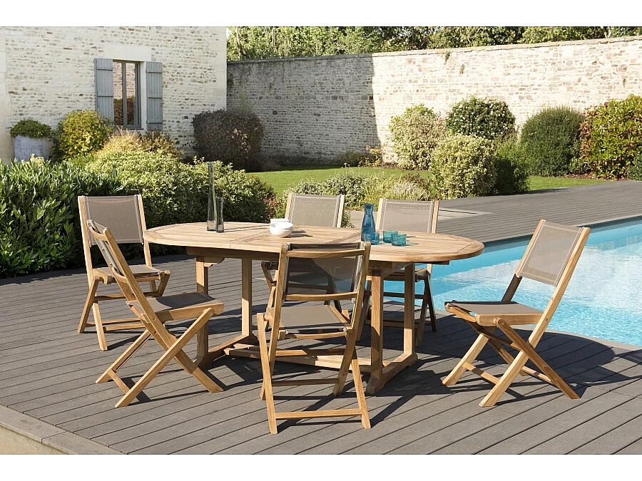 HARRIS - SALON DE JARDIN EN BOIS TECK 6/8 pers - 1 Table ovale extensible 150*200/90 cm et 6 chaises textilène