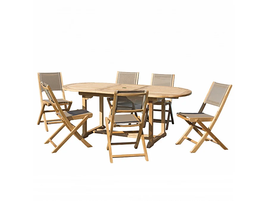 HARRIS - SALON DE JARDIN EN BOIS TECK 6/8 pers - 1 Table ovale extensible 150*200/90 cm et 6 chaises textilène