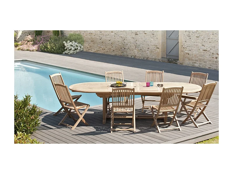 FUN - Ensemble de jardin 10/12 pers. table / 8 chaises bois teck