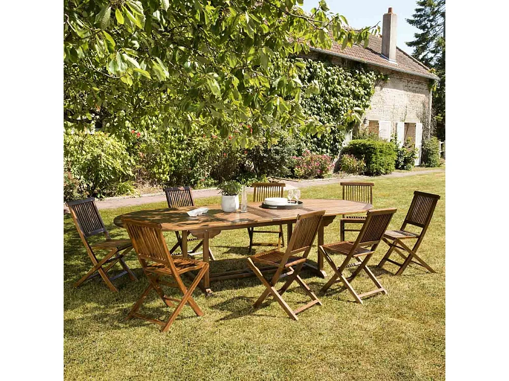 MAEVA - Ensemble de jardin bois teck huilé table ovale + 8 chaises