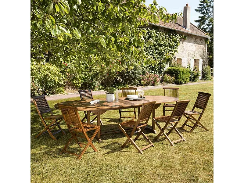 MAEVA - Ensemble de jardin bois teck huilé table ovale + 8 chaises