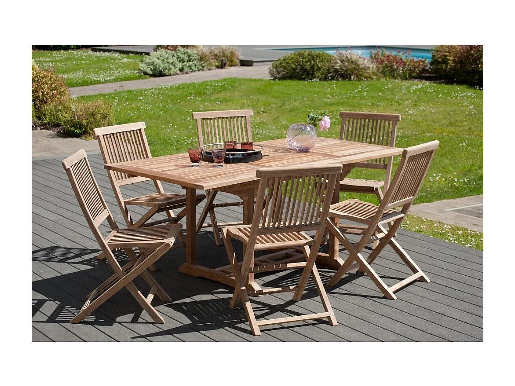 FUN - Ensemble de jardin -Table rect. 120/180 / 6 chaises bois teck
