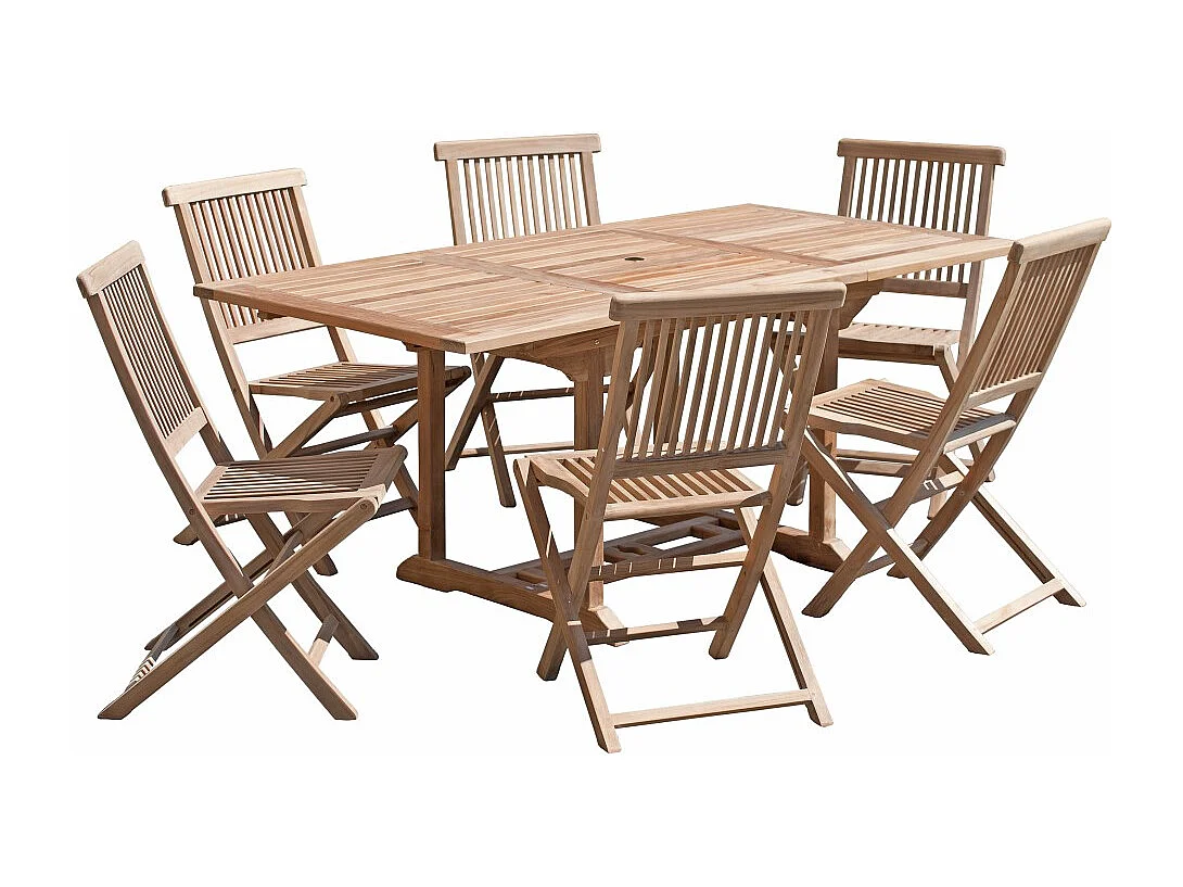 FUN - Ensemble de jardin -Table rect. 120/180 / 6 chaises bois teck