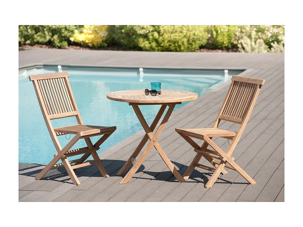 FUN - Ensemble de jardin table ronde 80 cm / 2 chaises en bois de teck