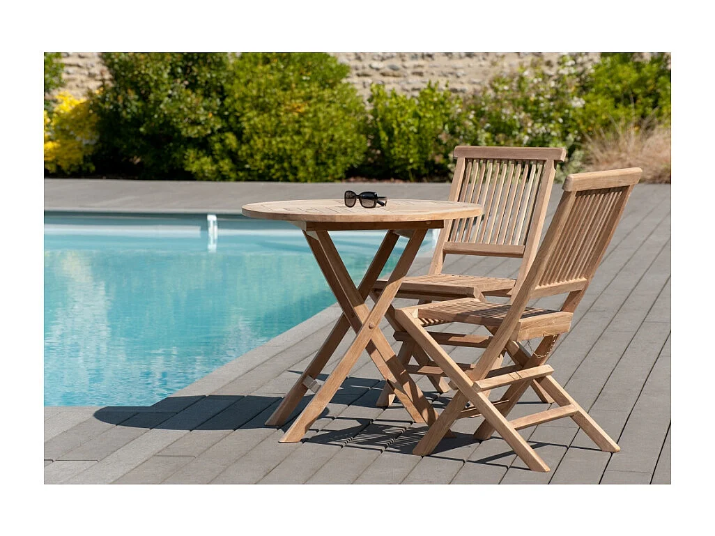 FUN - Ensemble de jardin table ronde 80 cm / 2 chaises en bois de teck