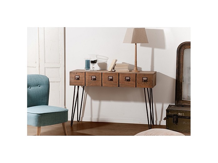 Console, meuble console en bois massif coloris chêne et métal noir