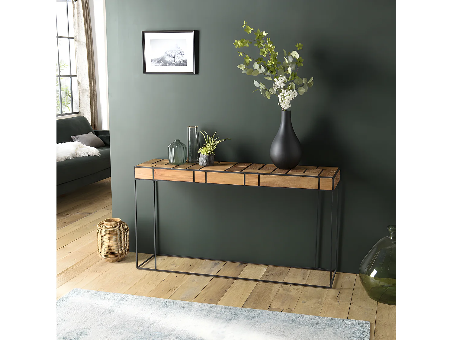 ALIDA - Console rectangulaire teck clair structure métal noir