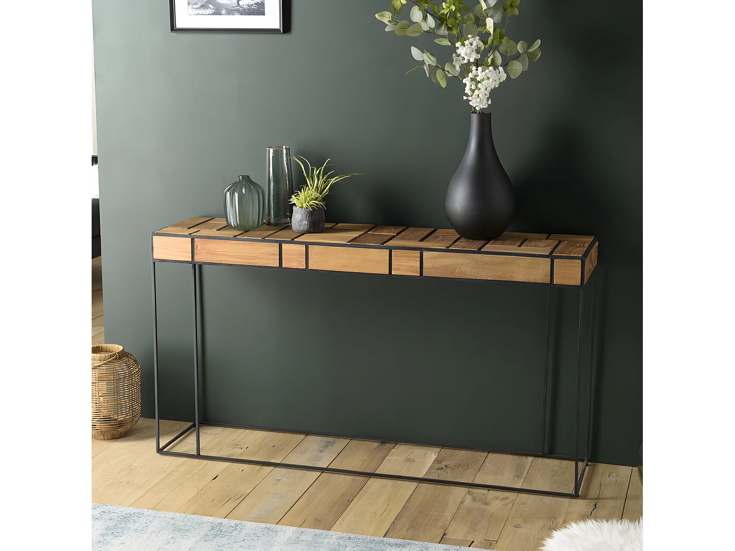 ALIDA - Console rectangulaire teck clair structure métal noir