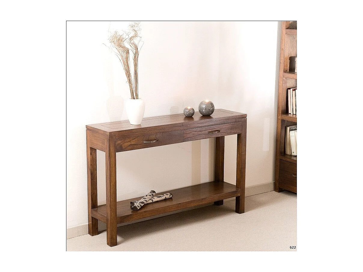 LAUREN - Console marron rectangulaire 2 tiroirs bois Mindi
