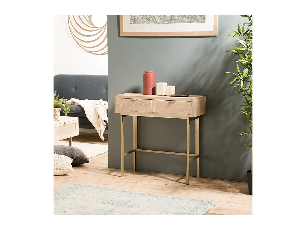ALINE - Console 2 tiroirs pieds métal doré