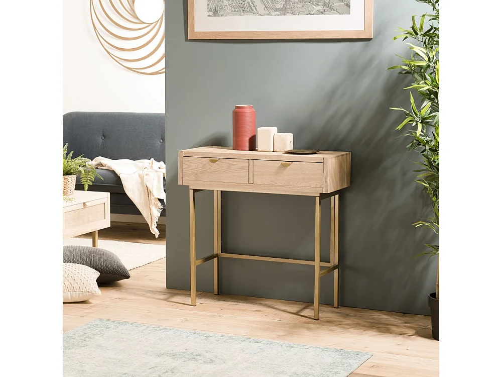 ALINE - Console bois 2 tiroirs pieds métal doré