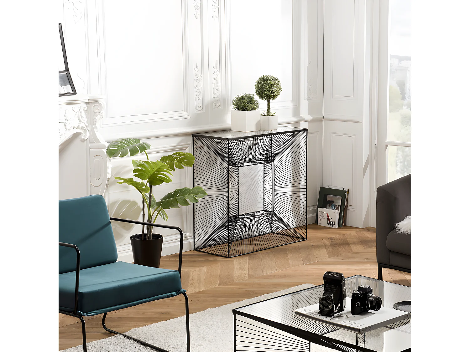 THEODORE - Console carrée métal noir plateau verre