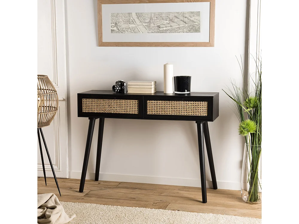ANGELO - Console noire bois 2 tiroirs cannage
