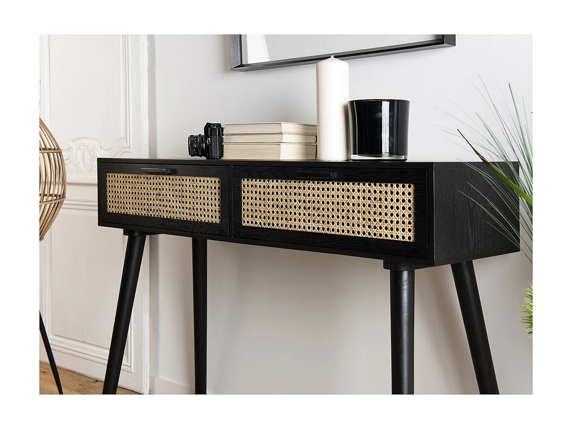 ANGELO - Console noire bois 2 tiroirs cannage