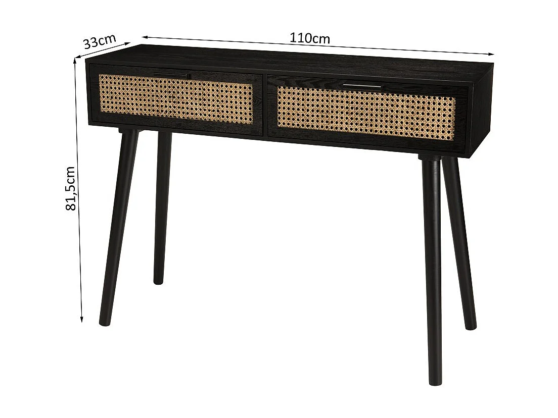 ANGELO - Console noire bois 2 tiroirs cannage