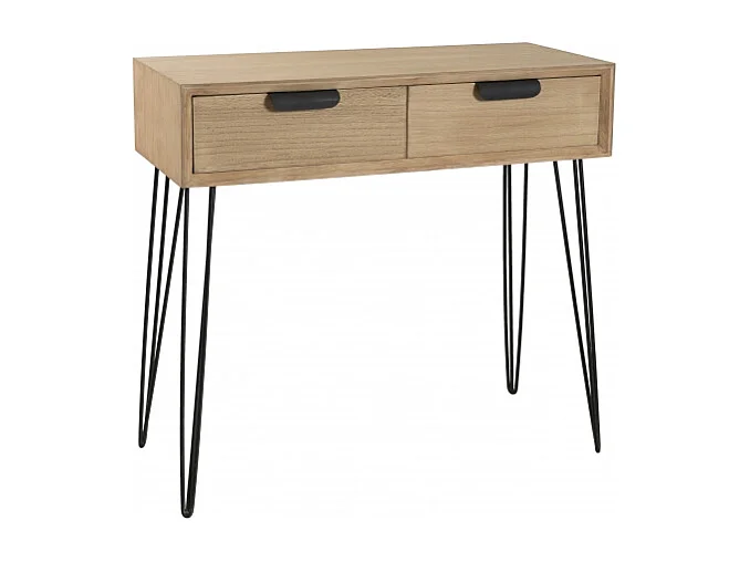 MARGAUX - Console bois naturel 2 tiroirs pieds épingles métal noir