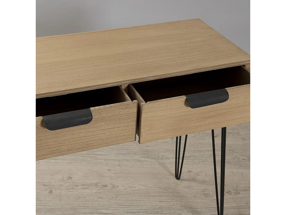 MARGAUX - Console bois naturel 2 tiroirs pieds épingles métal noir