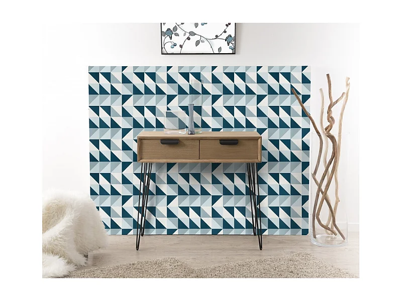 MARGAUX - Console bois naturel 2 tiroirs pieds épingles métal noir