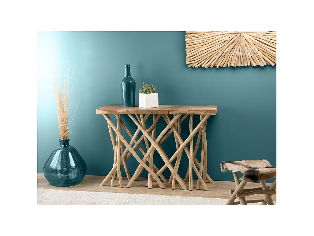 CLARA - Console bois nature plateau rectangulaire Teck - pieds bois flotté