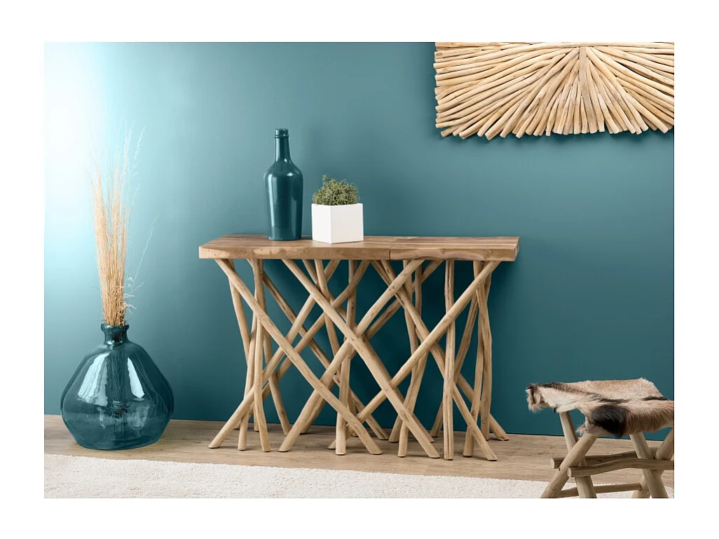 CLARA - Console plateau rectangulaire bois de Teck - pieds bois flotté