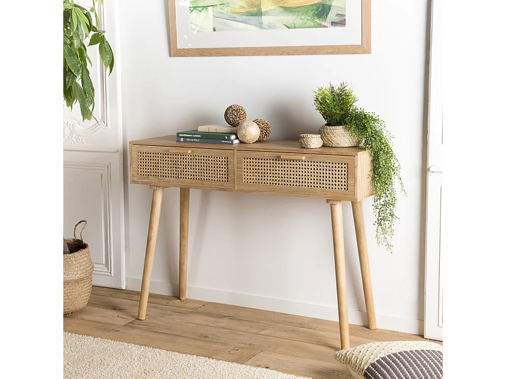 RODRIGO - Console couleur naturelle 2 tiroirs bois cannage