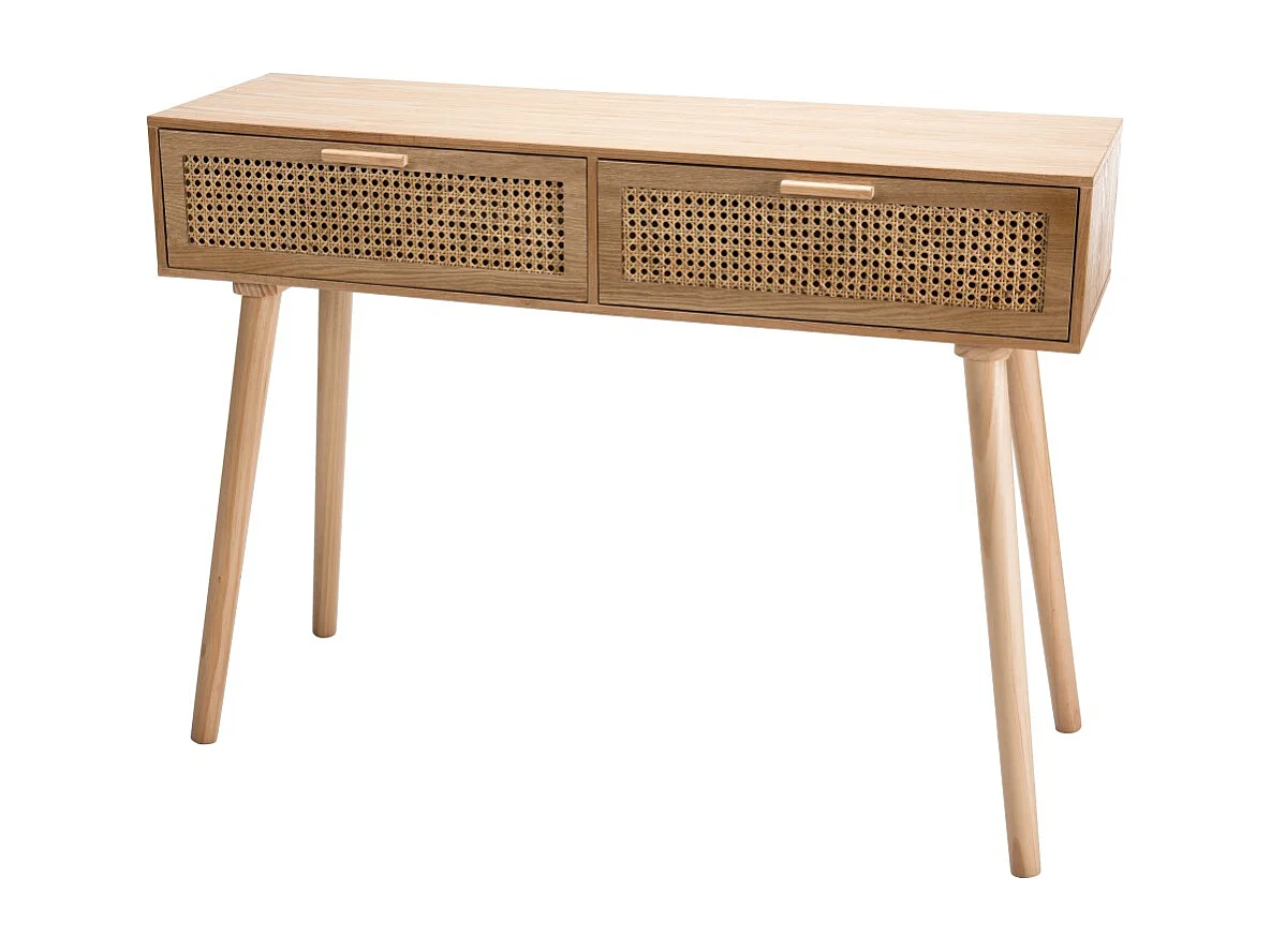 RODRIGO - Console couleur naturelle 2 tiroirs bois cannage