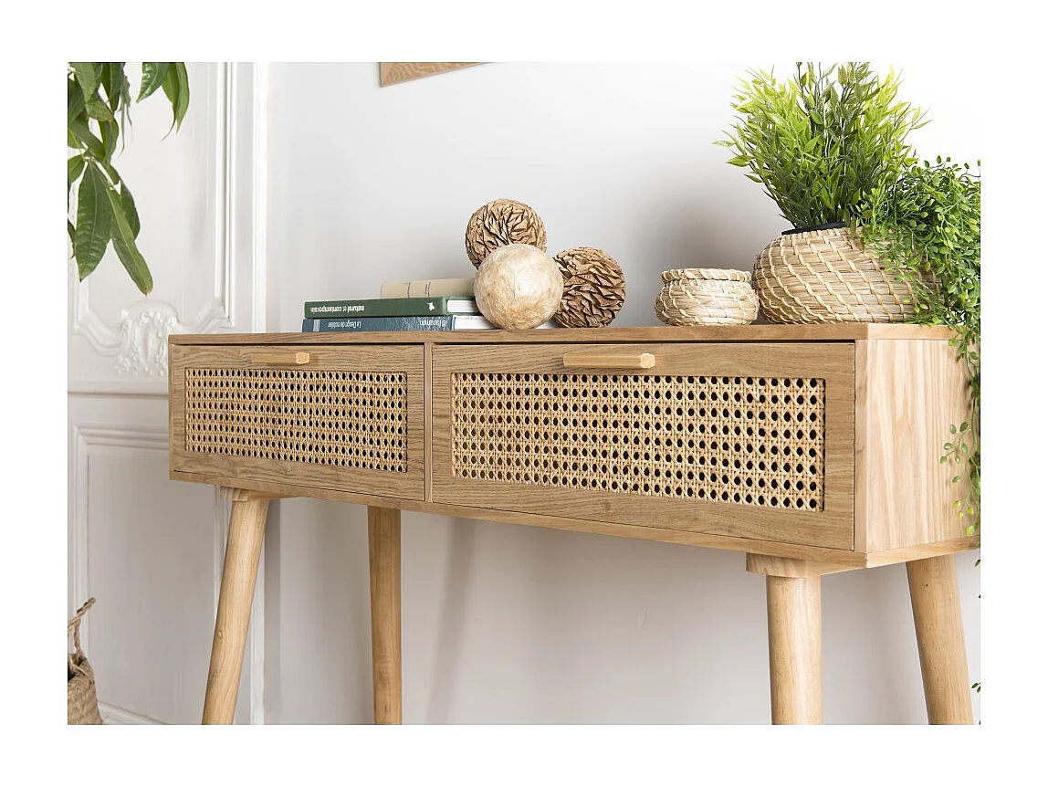 RODRIGO - Console couleur naturelle 2 tiroirs bois cannage