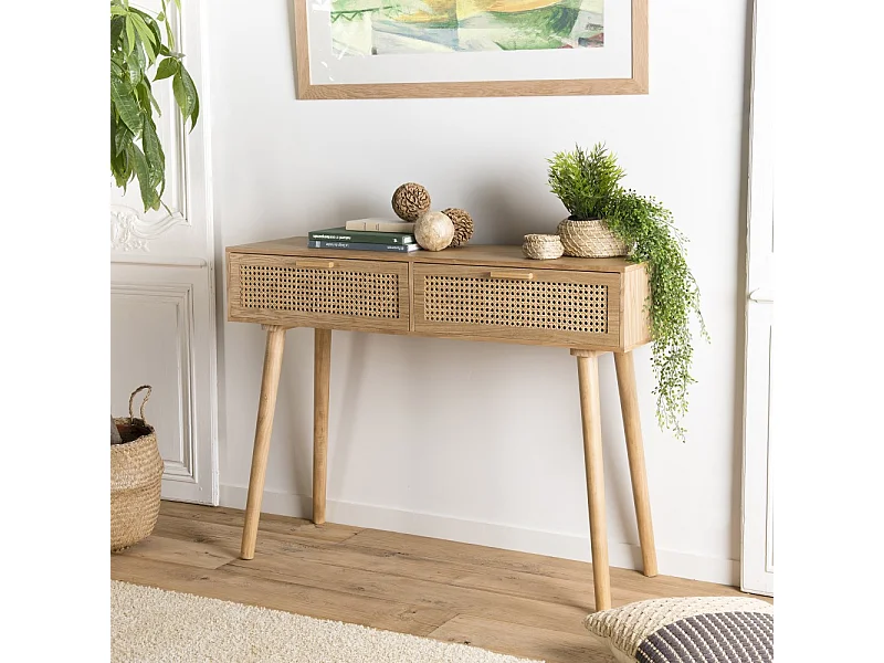 RODRIGO - Console couleur naturelle 2 tiroirs bois cannage