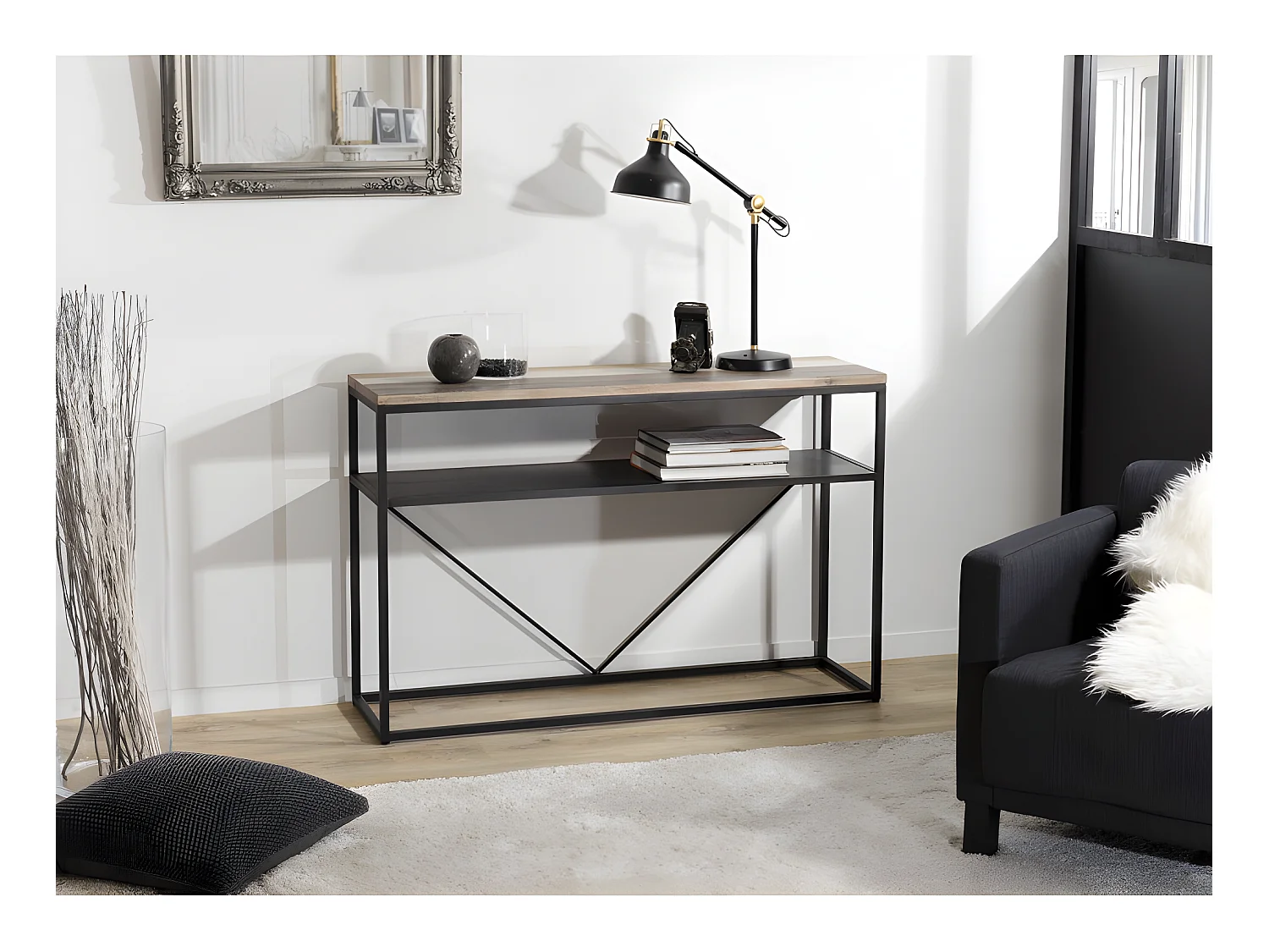 LEANDRE - Console noire rectangulaire avec tablette bois acacia et acier noir