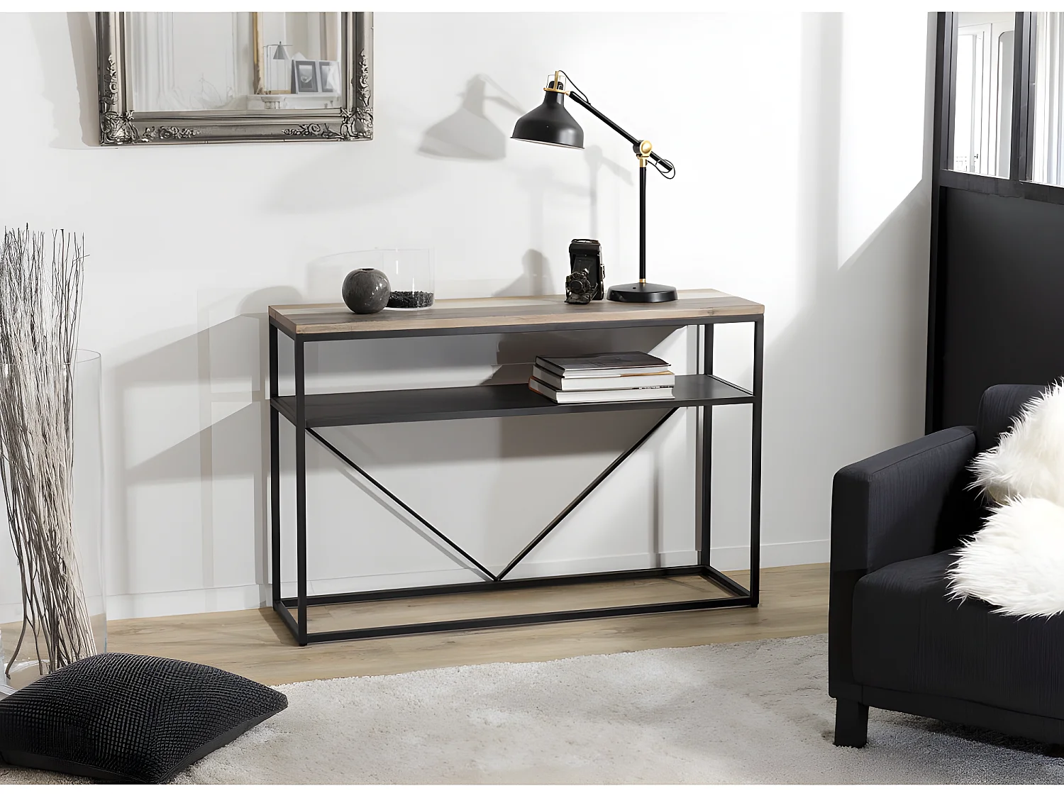 LEANDRE - Console noire rectangulaire avec tablette bois acacia et acier noir