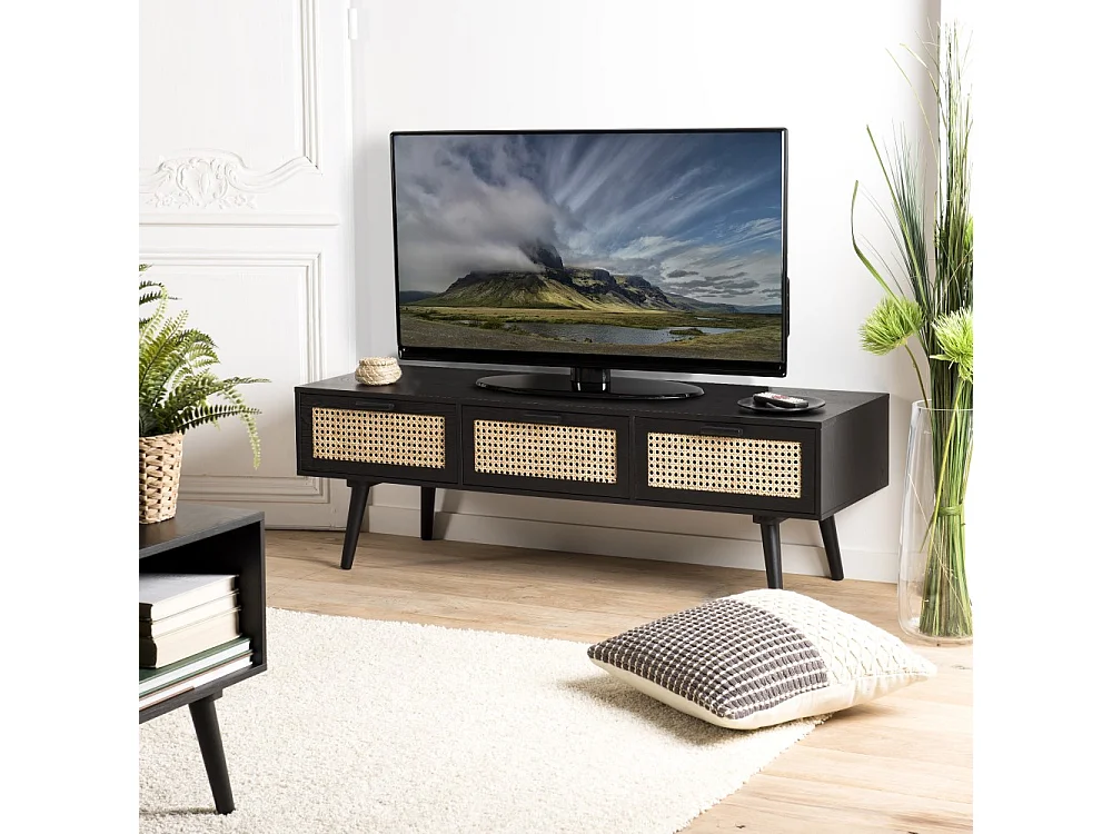 ANGELO - Meuble TV bois noir 3 tiroirs cannage