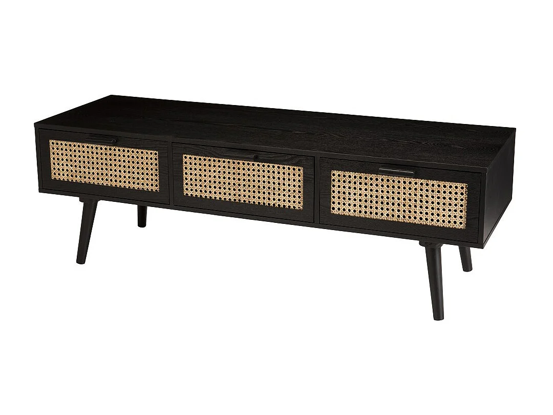ANGELO - Meuble TV bois noir 3 tiroirs cannage