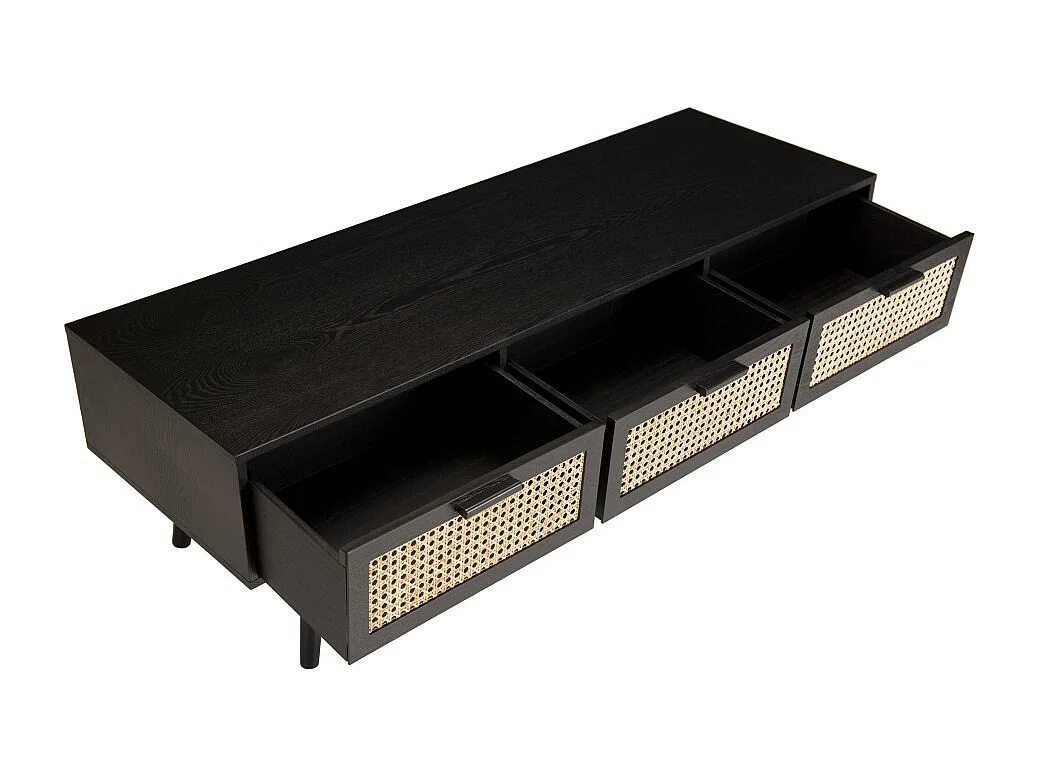 ANGELO - Meuble TV bois noir 3 tiroirs cannage