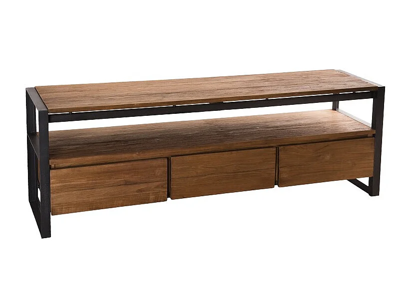 SIXTINE - Meuble TV marron 3 tiroirs 1 étagère en bois de teck recyclé