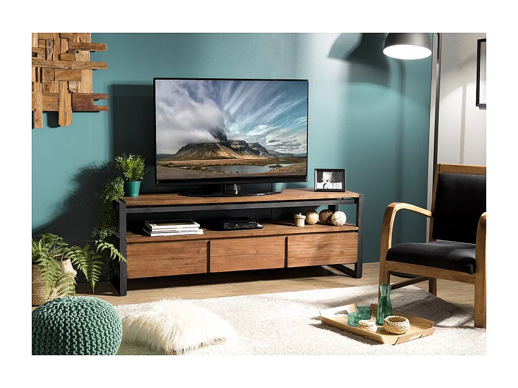 SIXTINE - Meuble TV marron 3 tiroirs 1 étagère en bois de teck recyclé