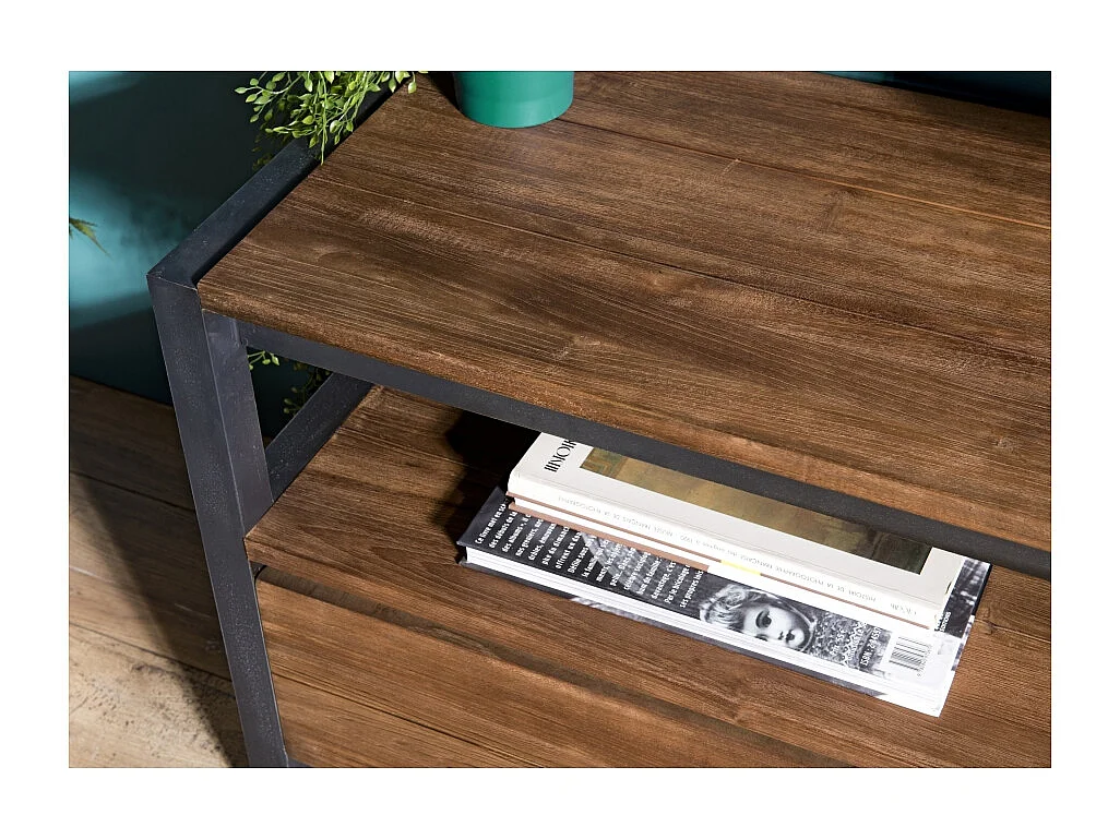 SIXTINE - Meuble TV marron 3 tiroirs 1 étagère en bois de teck recyclé