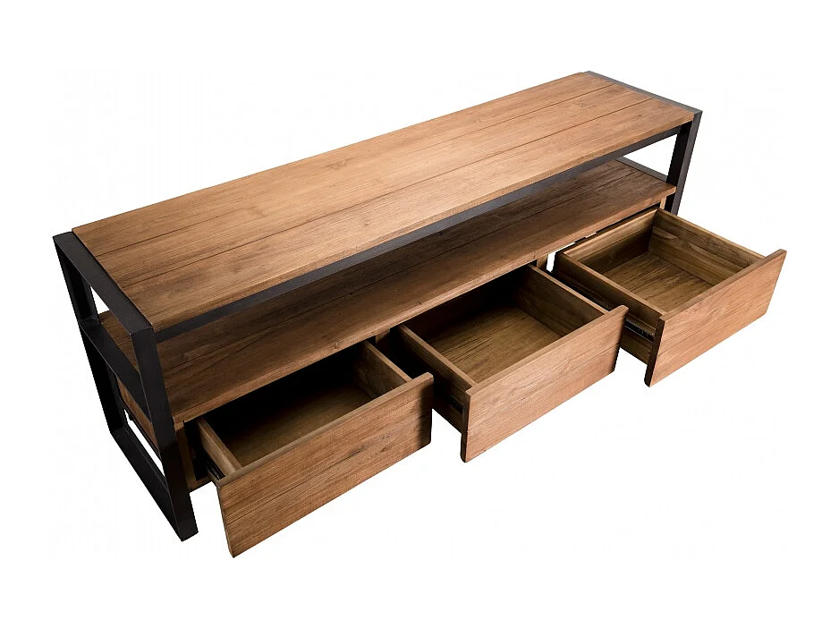 SIXTINE - Meuble TV marron 3 tiroirs 1 étagère en bois de teck recyclé