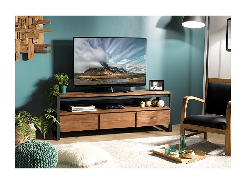 SIXTINE - Meuble TV marron 3 tiroirs 1 étagère en bois de teck recyclé