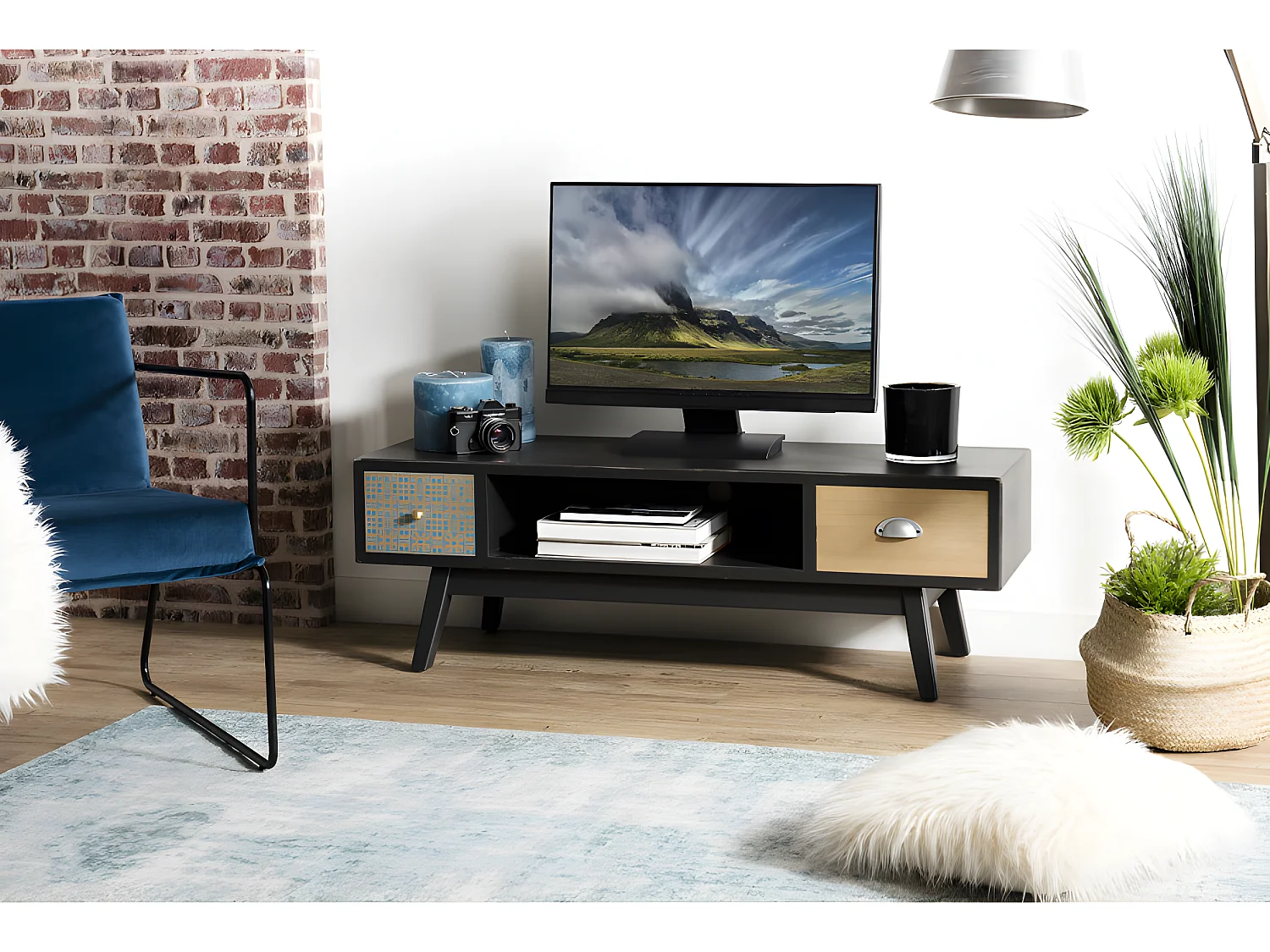 ROMAIN - Meuble TV noir 2 tiroirs marrons motifs Pin