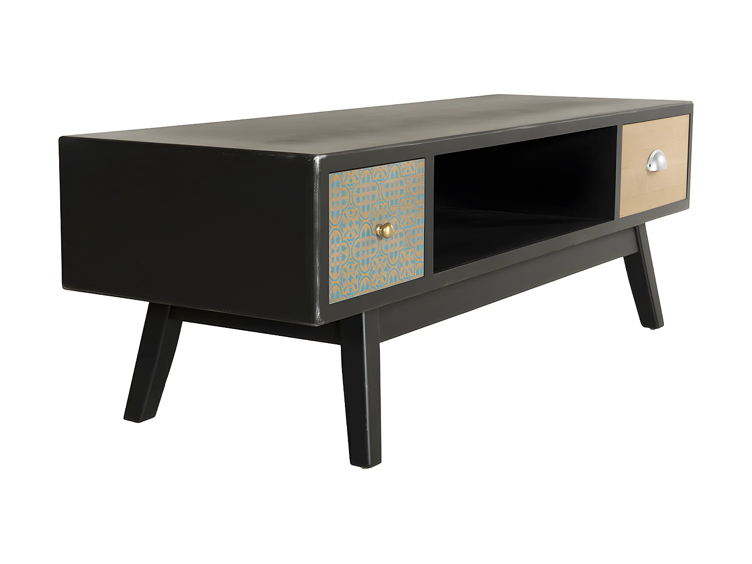 ROMAIN - Meuble TV noir 2 tiroirs marrons motifs Pin