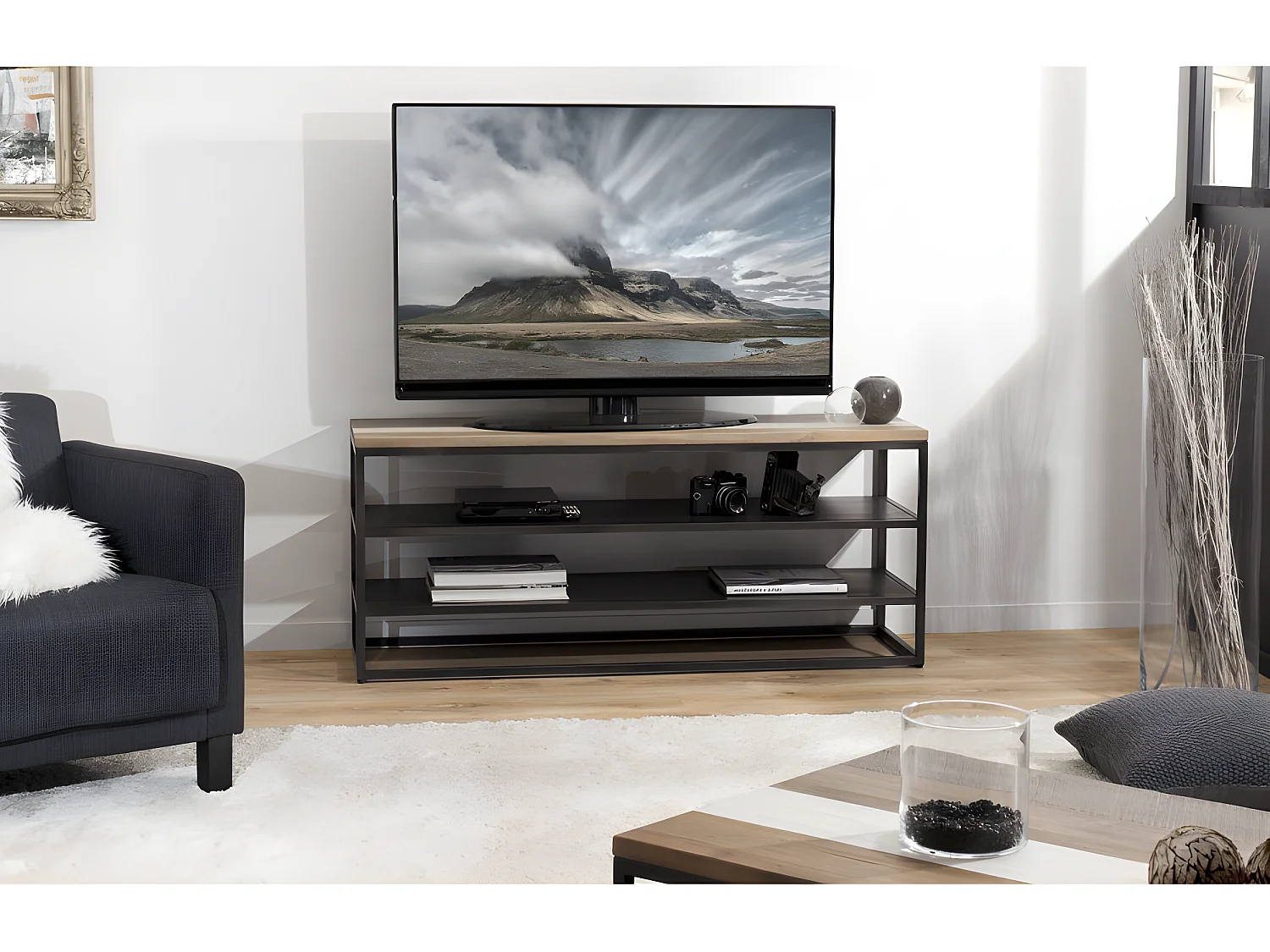 LEANDRE - Meuble TV noire bois acacia et métal 2 étagères