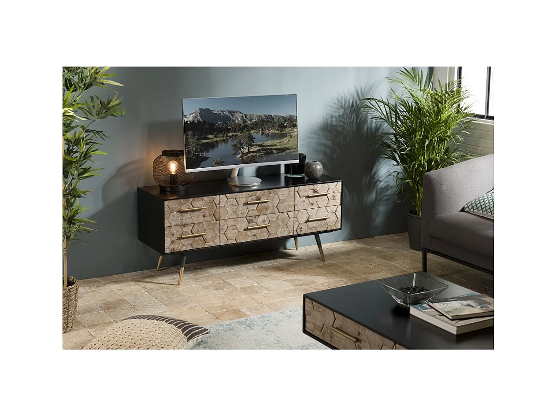DORRIE - Meuble TV noir 6 tiroirs scandi bois pieds métal doré