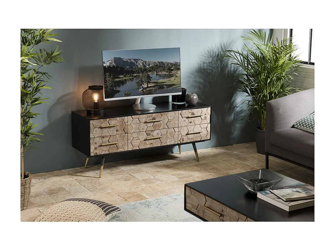 DORRIE - Meuble TV noir 6 tiroirs scandi bois pieds métal doré