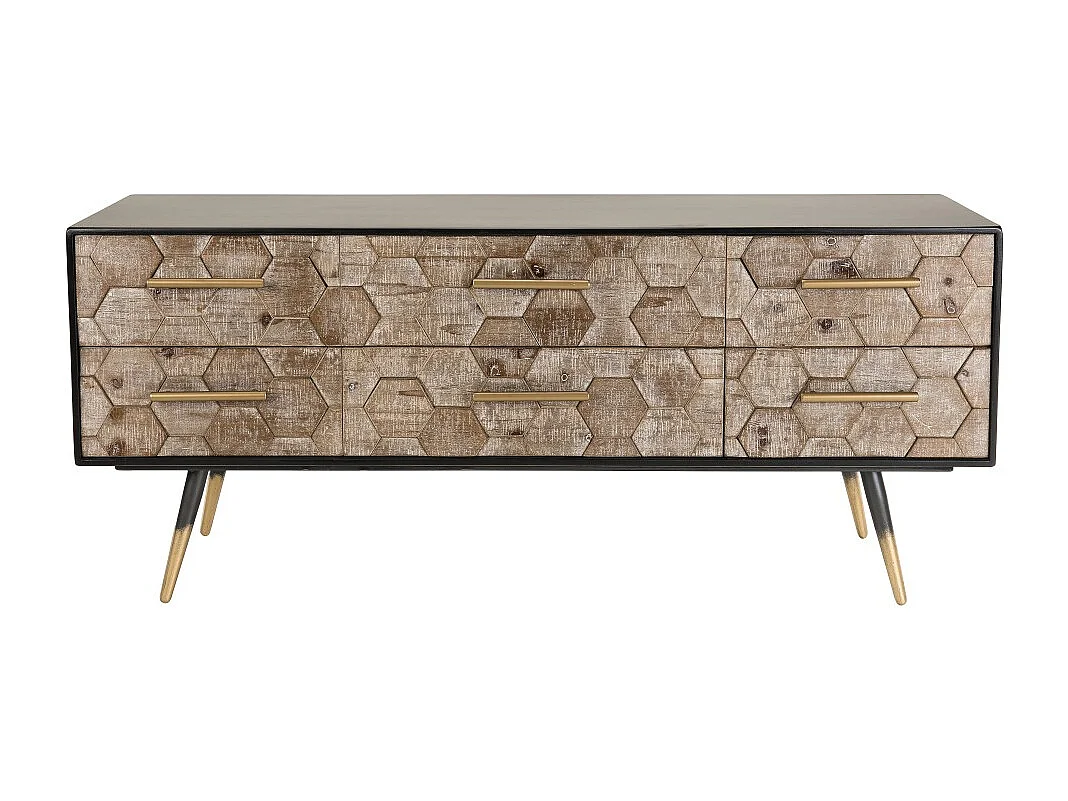 DORRIE - Meuble TV noir 6 tiroirs scandi bois pieds métal doré