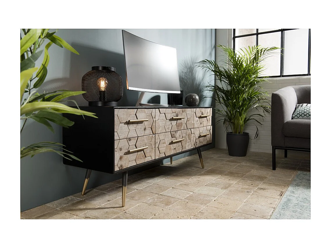 DORRIE - Meuble TV noir 6 tiroirs scandi bois pieds métal doré